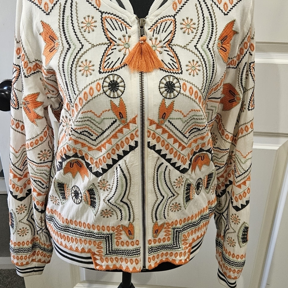 Lovestitch Vibrant Orange and Cream Embroidered Bomber Jacket - Picture 12 of 14